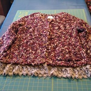 HWR Knit Sweater Anthropology Irish Aran Chunky Lace Trim Cottagecore